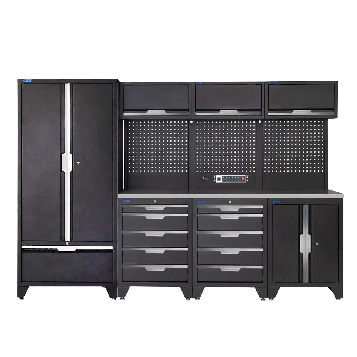SGS 10pc Modular Garage Storage | 10 Drawers | Stainless Steel Worktop | Floor Cabinet | Tall Double Cabinet with Drawer | 3x Upper Cabinets | Pegboard with Power Strip